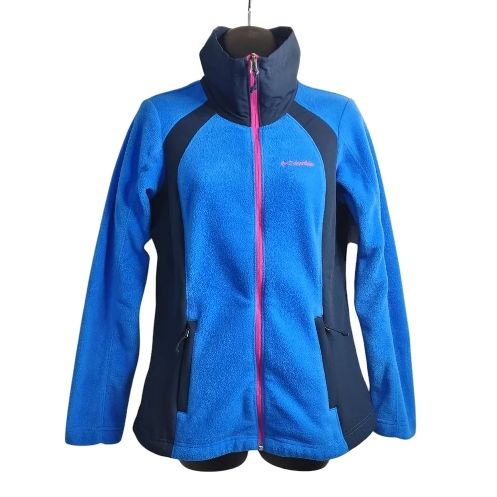 Columbia Women's Blue Black Full Zip Polar Fleece Jacket Side Panels Size Small - Picture 1 of 10